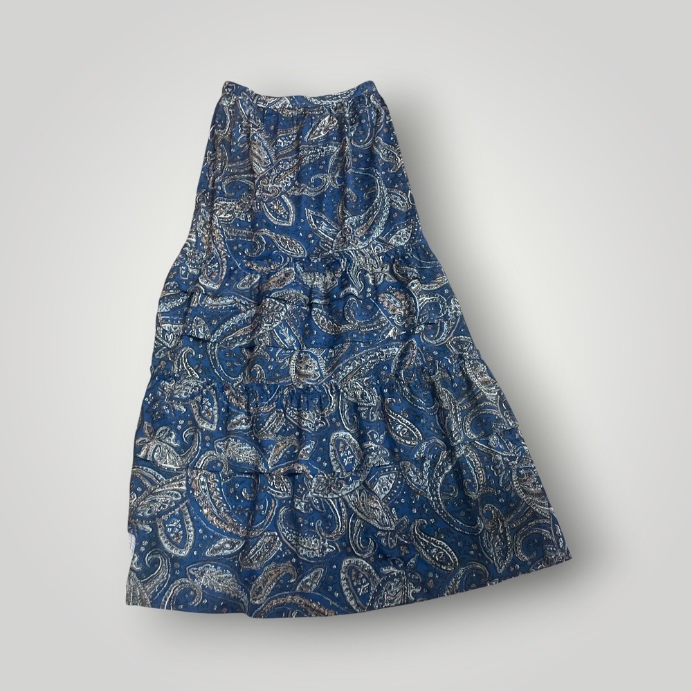 Outerknown Maxi Skirt Womens 4 Blue Paisley Tiered Boho Ruffle Flowy Cottagecore - Picture 3 of 7